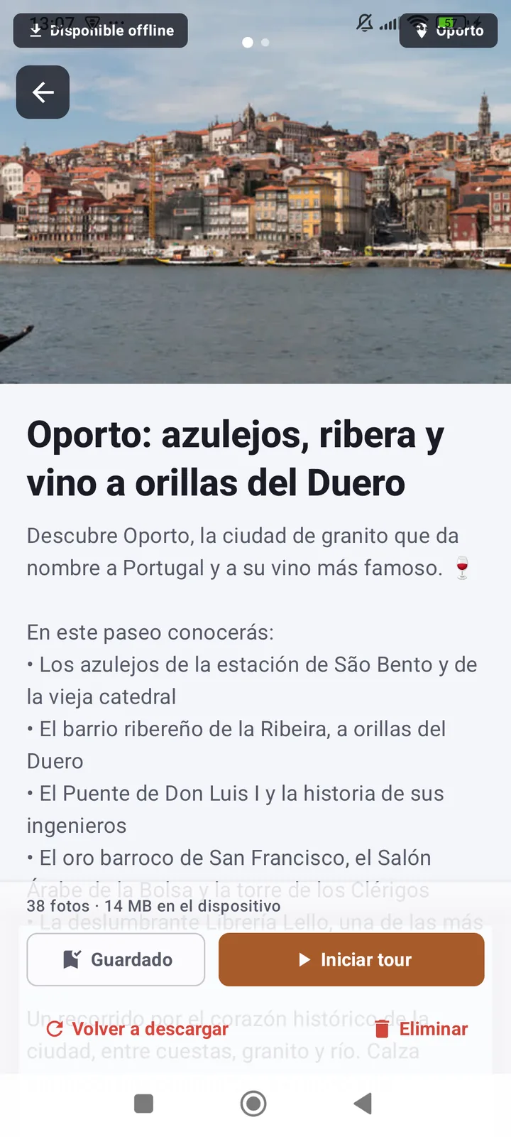 Ficha de un recorrido en la app, con su descripción y lo que vas a ver en el paseo.